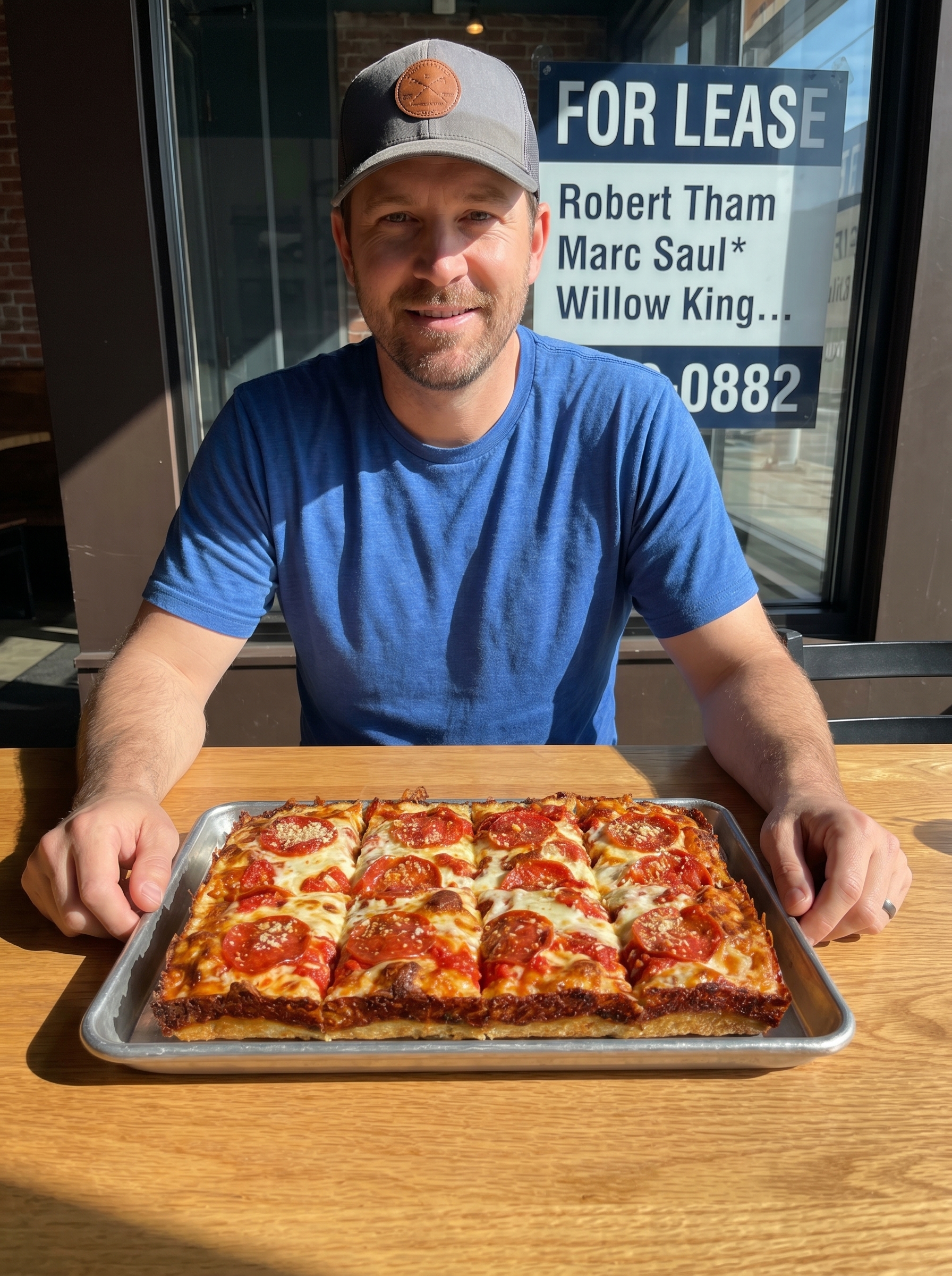 AJ Caridi holding a Detroit-style Roni pizza